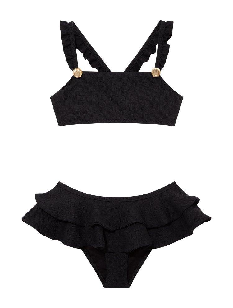 "Front view of the Dassy yellow kids bikini set showcasing the square neck top with ruffle details and full-coverage bottoms."