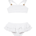 "Front view of the Dassy white kids bikini set showcasing the square neck top with ruffle details and full-coverage bottoms."