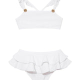 "Front view of the Dassy white kids bikini set showcasing the square neck top with ruffle details and full-coverage bottoms."