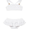"Front view of the Dassy white kids bikini set showcasing the square neck top with ruffle details and full-coverage bottoms."