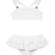 "Front view of the Dassy white kids bikini set showcasing the square neck top with ruffle details and full-coverage bottoms."