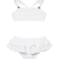 "Front view of the Dassy white kids bikini set showcasing the square neck top with ruffle details and full-coverage bottoms."