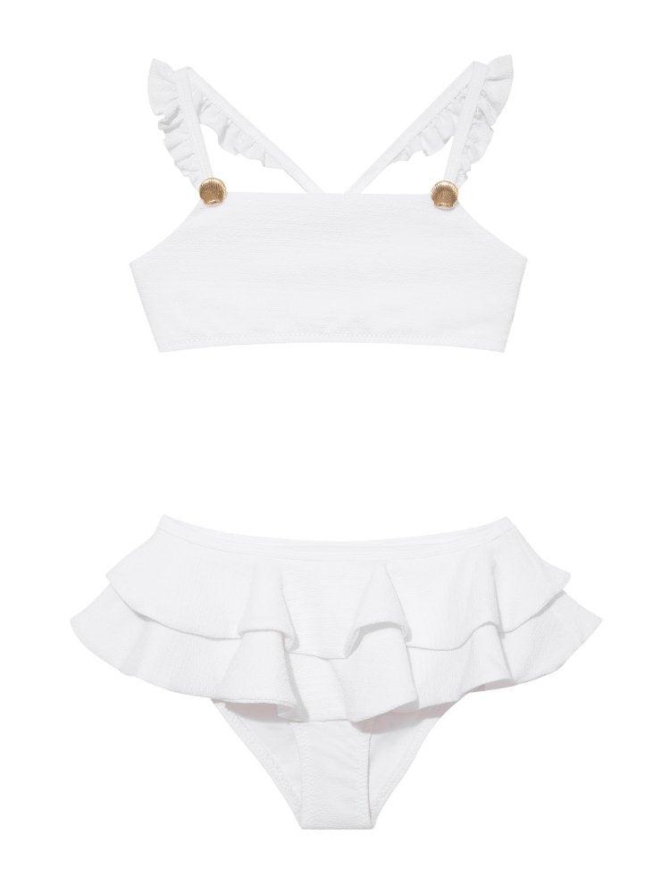 "Front view of the Dassy white kids bikini set showcasing the square neck top with ruffle details and full-coverage bottoms."