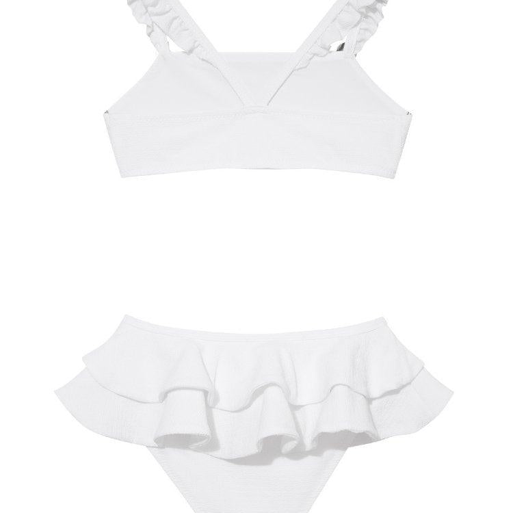 Dassy White Ruffle Strap Kids Bikini Set with Layered Skirt | Moeva | Bikini Set | Each week unveils new pieces—luxury swimwear, fluid resort silhouettes, and elevated summer-to-evening essentials designed to carry you from coastal escapes to city nights.