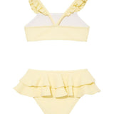 "Back view of the Dassy yellow kids bikini set, highlighting the secure fit and full coverage of the bikini bottoms."