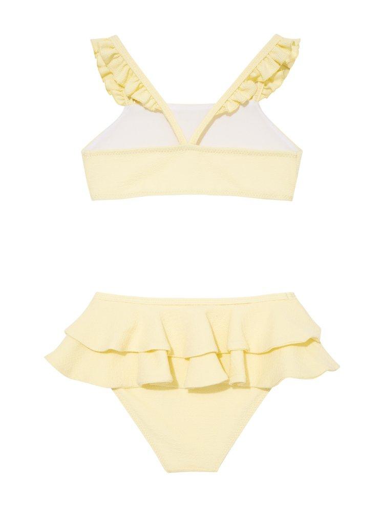 "Back view of the Dassy yellow kids bikini set, highlighting the secure fit and full coverage of the bikini bottoms."