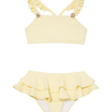 "Front view of the Dassy yellow kids bikini set showing the square neck top with ruffle details and full-coverage bottoms."