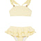 "Front view of the Dassy yellow kids bikini set showing the square neck top with ruffle details and full-coverage bottoms."