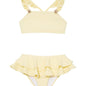 "Front view of the Dassy yellow kids bikini set showing the square neck top with ruffle details and full-coverage bottoms."