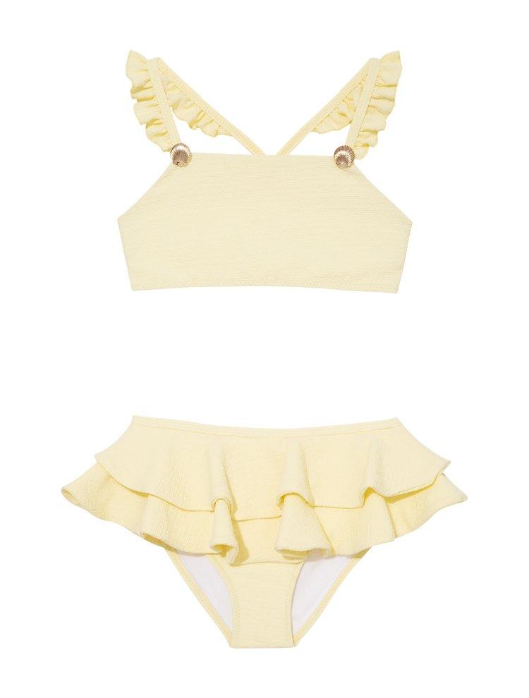 "Front view of the Dassy yellow kids bikini set showing the square neck top with ruffle details and full-coverage bottoms."