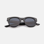 "Devin Black Sunglasses on a white background with glossy black acetate frames and tiny silver hardware spots."