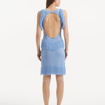 "Back view of the back of the Diani Baby Blue Dress, showcasing the polished gold clasps and low back design."