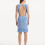 "Back view of the back of the Diani Baby Blue Dress, showcasing the polished gold clasps and low back design."
