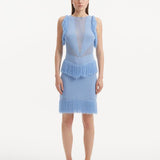 "Model wearing the Diani Baby Blue Dress from the front, highlighting the mesh knit fabric and knee-length design."