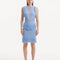 "Model wearing the Diani Baby Blue Dress from the front, highlighting the mesh knit fabric and knee-length design."