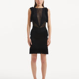 "Model showcasing the Diani Black Dress from the front, featuring a knee-length design and elegant mesh knit fabric."