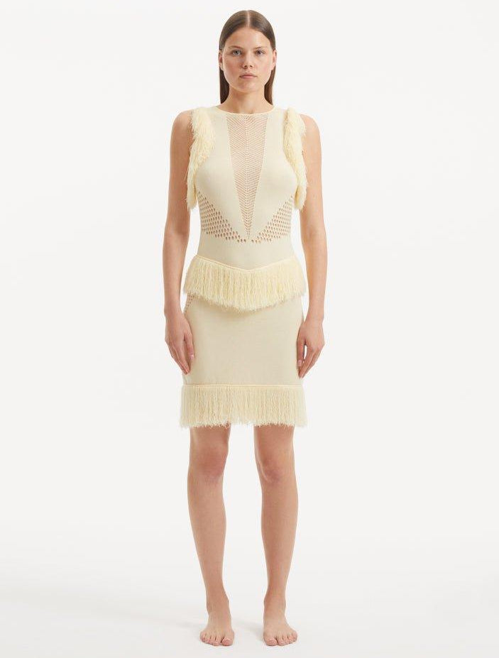 Diani Yellow Fringe Detail Sheer Panel Open Back Mini Dress | Moeva | Dress | Each week unveils new pieces—luxury swimwear, fluid resort silhouettes, and elevated summer-to-evening essentials designed to carry you from coastal escapes to city nights.
