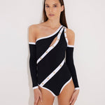 Dido Black/White Gold Button Detailed One Shoulder Swimsuit With Removable Sleeves -Swimsuit Moeva