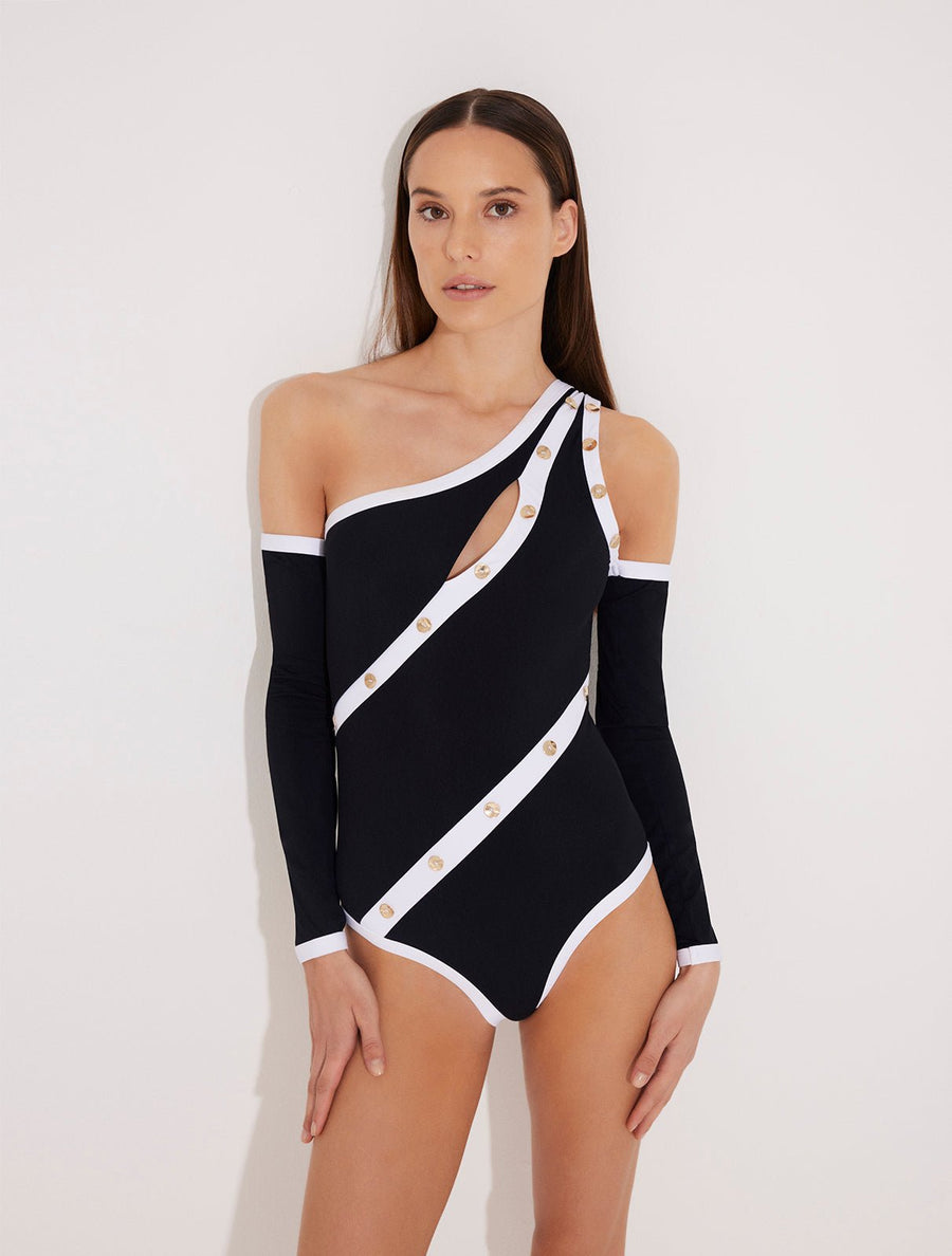 Dido Black/White Gold Button Detailed One Shoulder Swimsuit With Removable Sleeves -Swimsuit Moeva