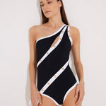 Front View: Model in Dido Black/White Swimsuit - MOEVA Luxury Swimwear, Full Bottom Coverage, Fully Lined, Removable Padding, Italian Fabric, Special Lycra Xtralife Certificate, MOEVA Luxury Swimwear 