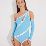 Front View of Model Wearing Dido Lilac/White Swimsuit - One Shoulder, One Piece Swimsuit,  MOEVA Luxury Swimwear 