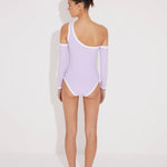Back View: Model in Dido Lilac/White Swimsuit  - One Shoulder, Removable Sleeves, Slash Cutout, Duo Colored, Gold Button Detailing, One Piece Swimsuit, MOEVA Luxury Swimwear 