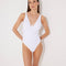 Front View: Model in Diletta White Swimsuit - MOEVA Luxury Swimwear, Monowired, V-Neckline, Slimming Effect Stitching Details, Embroidered Top, Moderate Bottom Coverage, Removable Paddings, MOEVA Luxury Swimwear 