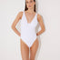 Front View: Model in Diletta White Swimsuit - MOEVA Luxury Swimwear, Monowired, V-Neckline, Slimming Effect Stitching Details, Embroidered Top, Moderate Bottom Coverage, Removable Paddings, MOEVA Luxury Swimwear 