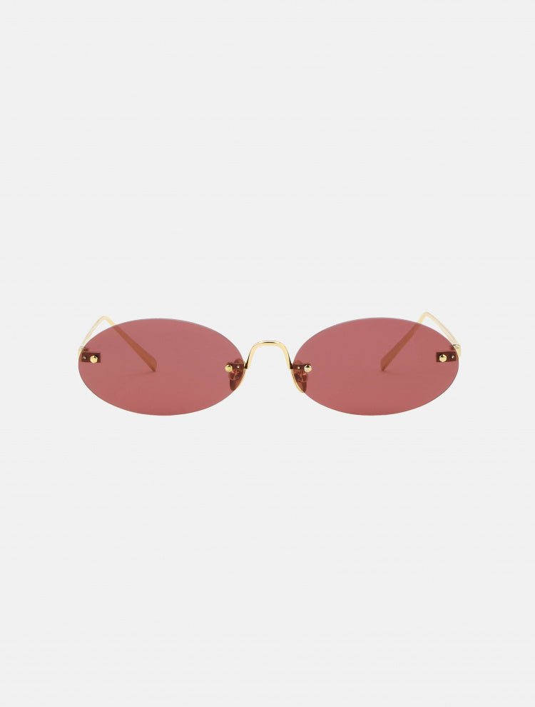 Duchamp Burgundy Frameless Oval Shaped Retro Sunglasses With Gold Metal Accents -Women Sunglasses Moeva