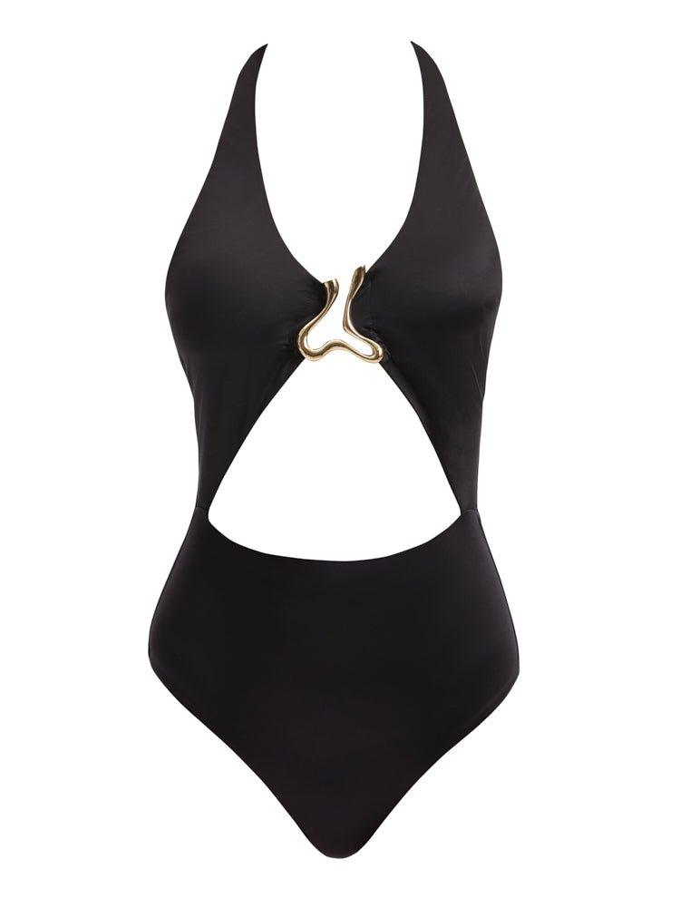 Decoupage image of the Dwyn Black Swimsuit, illustrating its elegant design and premium craftsmanship.
