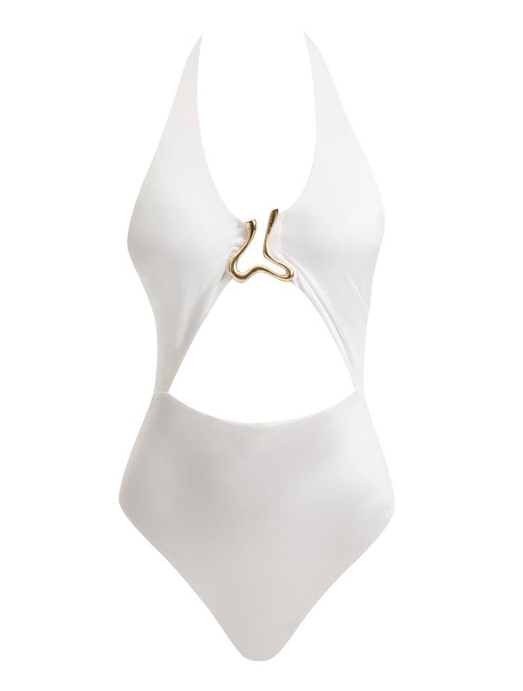 Decoupage image of the Dwyn White Swimsuit, illustrating its refined design and premium craftsmanship.