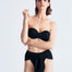 "Front view of the Dylan Black Bikini Top, showcasing the bandeau design and molded cups."