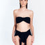 "Front view of the Dylan Shiny Black Bikini Bottom showing its high-rise waist and adjustable tie-front detail."