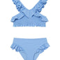 "Front view of the Effy baby blue kids bikini set, showcasing the V-neck top with ruffle details and full-coverage bottoms."