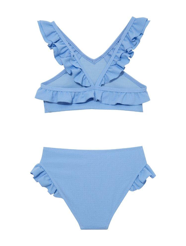"Back view of the Effy baby blue kids bikini set, showcasing the full-coverage bottoms and snug fit."