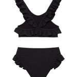"Back view of the Effy black kids bikini set, highlighting the secure fit of the full-coverage bottoms and classic design."