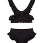 "Front view of the Effy black kids bikini set, highlighting the V-neck top with ruffle details and full-coverage bottoms."