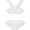 "Front view of the Effy kids white bikini set with ruffle details, perfect for fun beach days and poolside adventures."