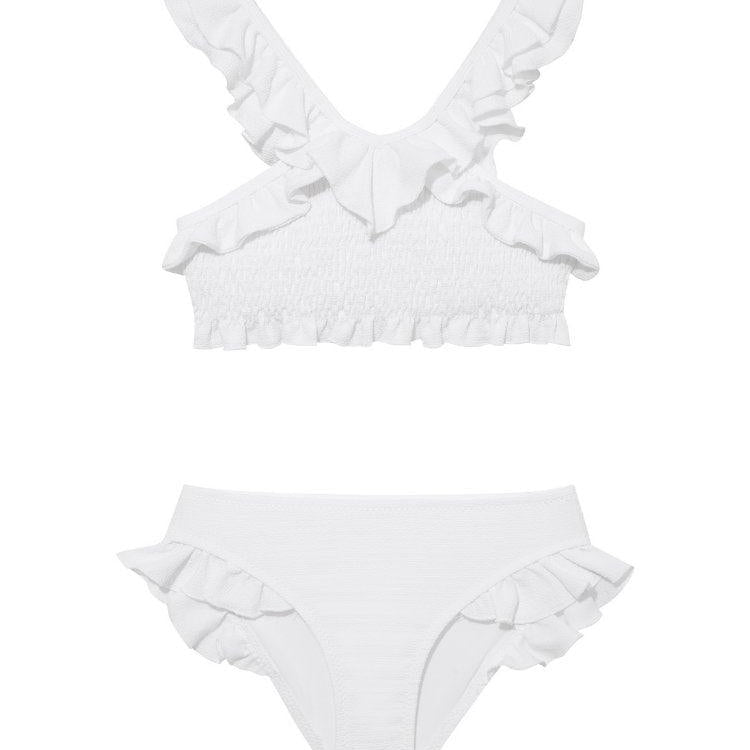 Effy White Ruffle Strap and Trim Kids Bikini Set | Moeva | Bikini Set | Each week unveils new pieces—luxury swimwear, fluid resort silhouettes, and elevated summer-to-evening essentials designed to carry you from coastal escapes to city nights.