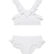 "Front view of the Effy kids white bikini set with ruffle details, perfect for fun beach days and poolside adventures."