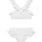 "Front view of the Effy kids white bikini set with ruffle details, perfect for fun beach days and poolside adventures."