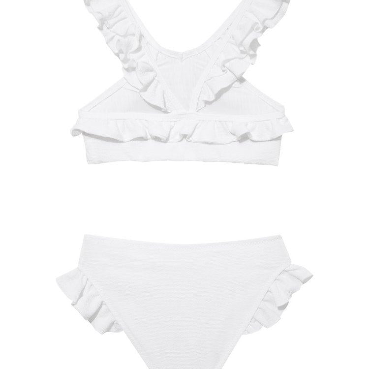 Effy White Ruffle Strap and Trim Kids Bikini Set | Moeva | Bikini Set | Each week unveils new pieces—luxury swimwear, fluid resort silhouettes, and elevated summer-to-evening essentials designed to carry you from coastal escapes to city nights.