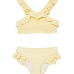 "Front view of the Effy yellow kids bikini set, showing the V-neck top with ruffle details and full-coverage bottoms."