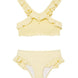 "Front view of the Effy yellow kids bikini set, showing the V-neck top with ruffle details and full-coverage bottoms."