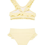 "Back view of the Effy yellow kids bikini set, highlighting the full-coverage bottoms and snug fit for active play."