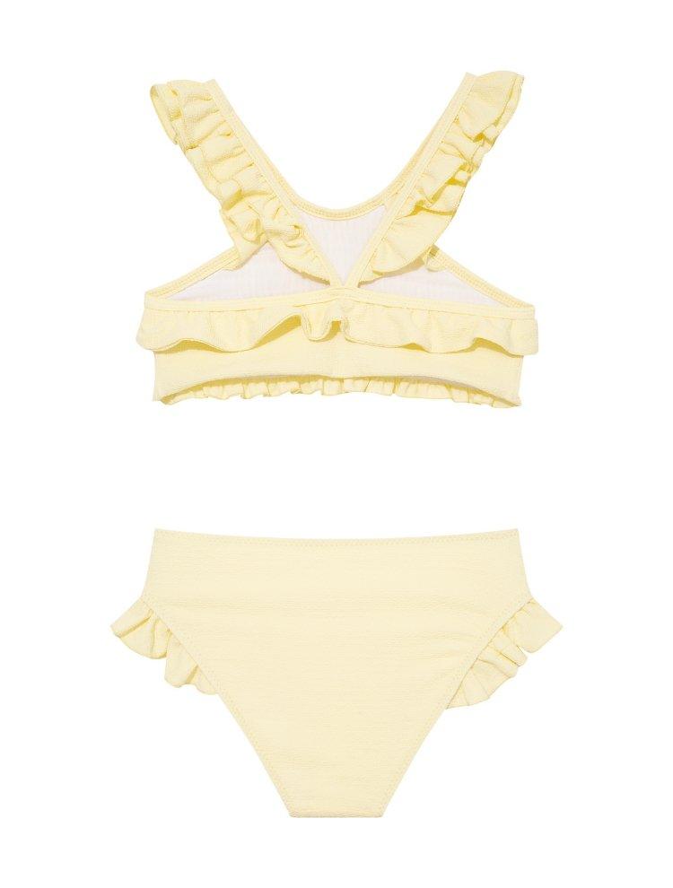 "Back view of the Effy yellow kids bikini set, highlighting the full-coverage bottoms and snug fit for active play."