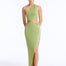 Front View: Model in Eila Green Top - Lyndon Green Skirt One Shoulder Silhouette, %100 Viscose, Knitted Crop Top, Close Fit, MOEVA Luxury Swimwear