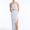 Front View: Model in Eila Silver Top and Lyndon Silver Skirt - %100 Viscose, One Shoulder Silhouette, Knitted Crop Top, Close Fit, MOEVA Luxury Swimwear