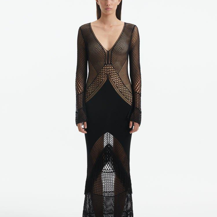 Belen Hostalet - Elba Black Long Sleeve Knit Fringe Maxi Dress | Moeva | Dress | Each week unveils new pieces—luxury swimwear, fluid resort silhouettes, and elevated summer-to-evening essentials designed to carry you from coastal escapes to city nights.