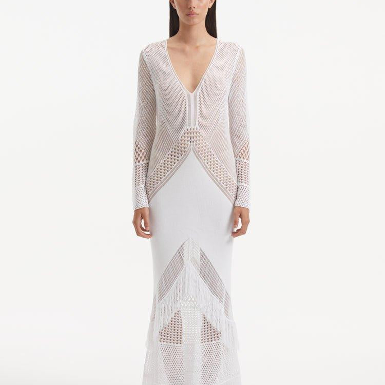 Şeyma Subaşı - Elba White Long Sleeve Knit Fringe Maxi Dress | Moeva | Dress | Each week unveils new pieces—luxury swimwear, fluid resort silhouettes, and elevated summer-to-evening essentials designed to carry you from coastal escapes to city nights.